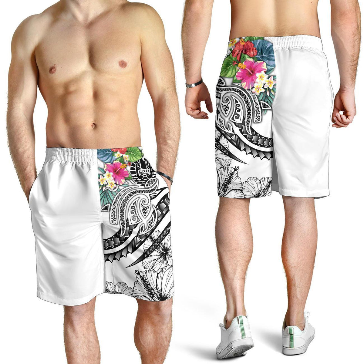 Tahiti Polynesian Men's Shorts - Summer Plumeria (White) - Polynesian Pride