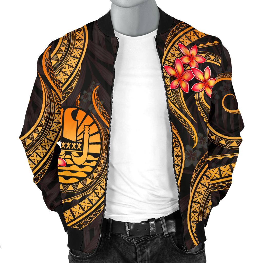 Tahiti Polynesian Men Bomber Jacket - Gold Plumeria - Polynesian Pride