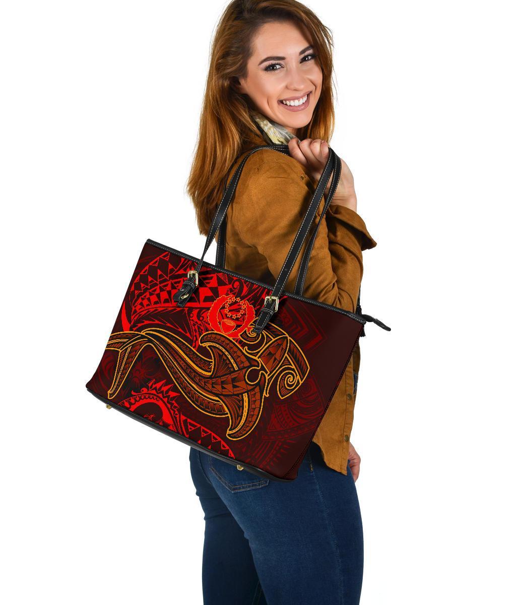Pohnpei Large Leather Tote - Red Shark Polynesian Tattoo - Polynesian Pride