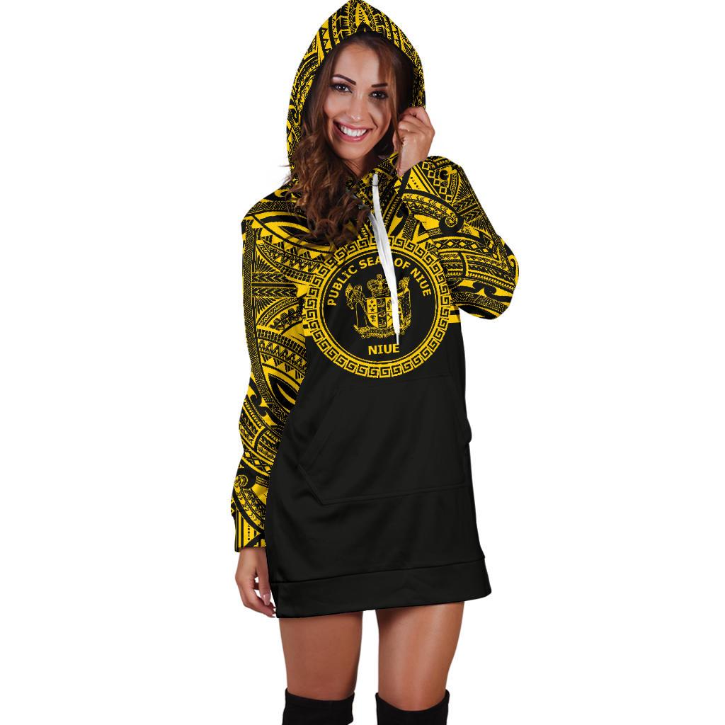 Niue Women Hoodie Dress - Niue Coat Of Arms Polynesian Gold Black - Polynesian Pride