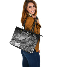 Polynesian Hawaii Custom Personalised Leather Leather Tote Bags - Kanaka Maoli Humpback Whale with Tropical Flowers (White) - Polynesian Pride