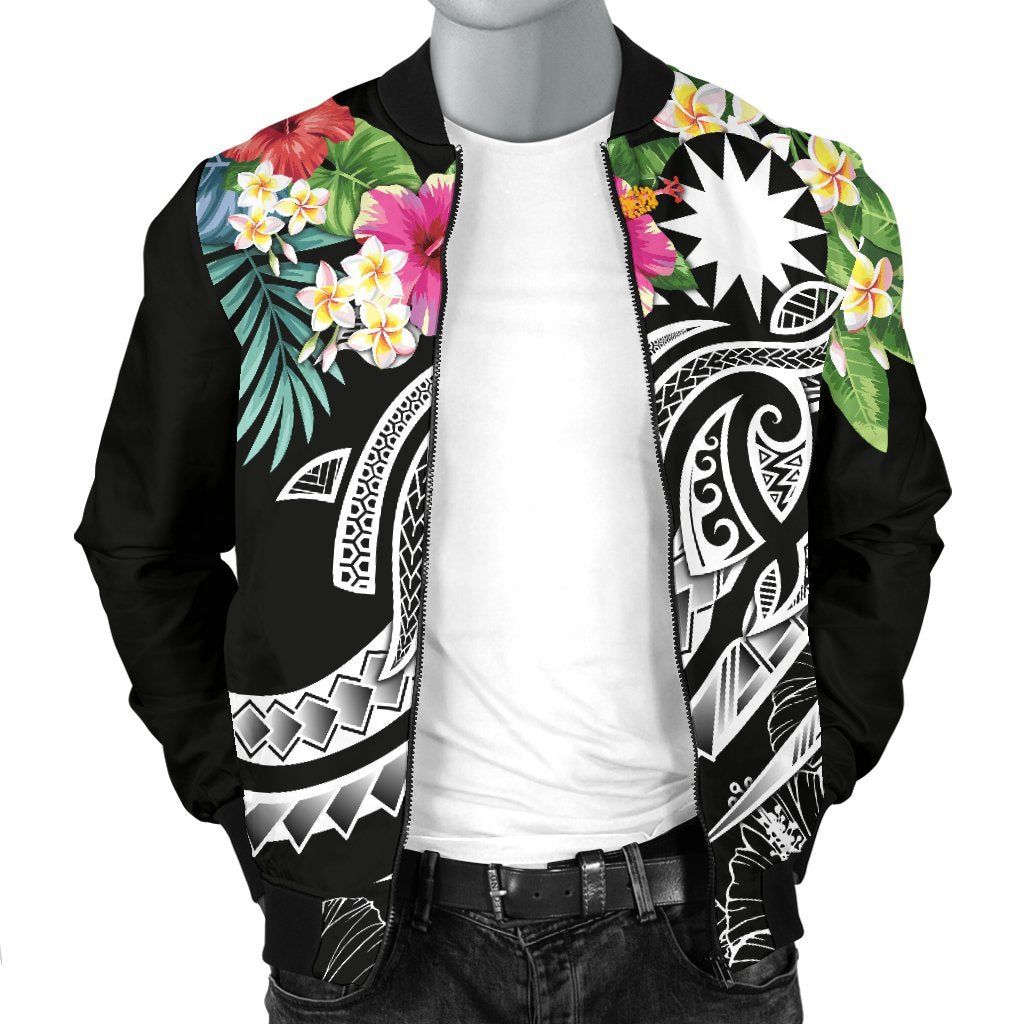 Nauru Polynesian Men's Bomber Jacket - Summer Plumeria (Black) - Polynesian Pride