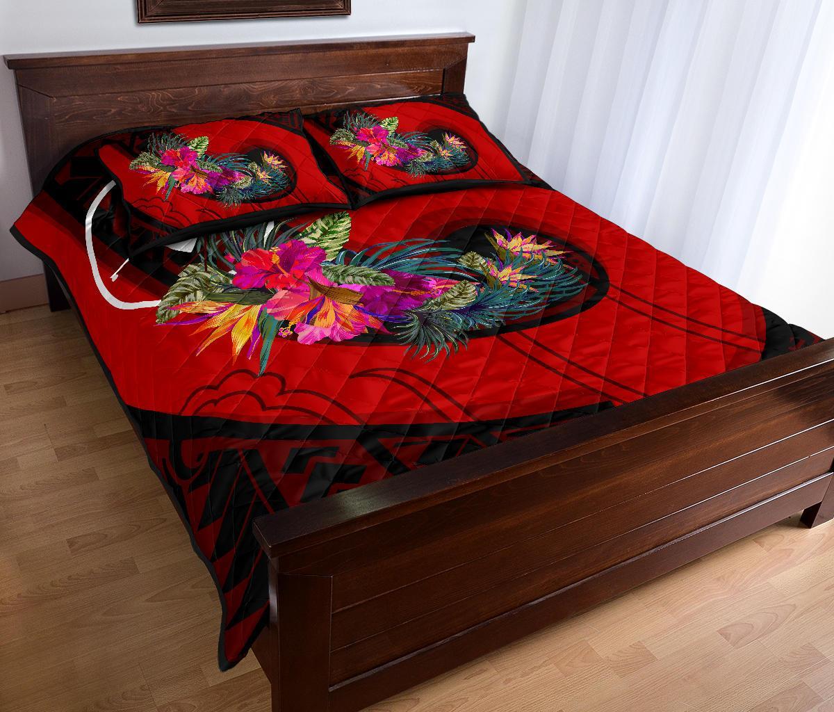 Yap Quilt Bed Set - Polynesian Hook And Hibiscus (Red) - Polynesian Pride