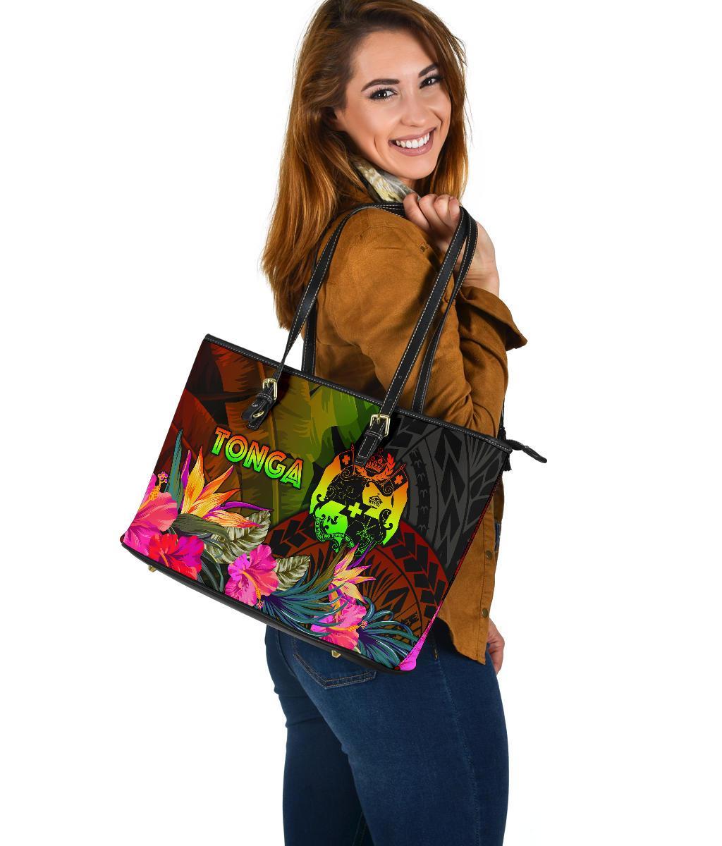 Tonga Polynesian Large Leather Tote Bag - Hibiscus and Banana Leaves - Polynesian Pride