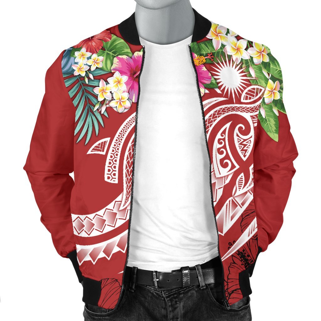 Marshall Islands Polynesian Men's Bomber Jacket - Summer Plumeria (Red) - Polynesian Pride