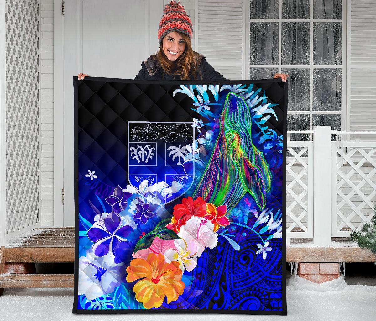 Fiji Premium Quilt - Humpback Whale with Tropical Flowers (Blue) - Polynesian Pride