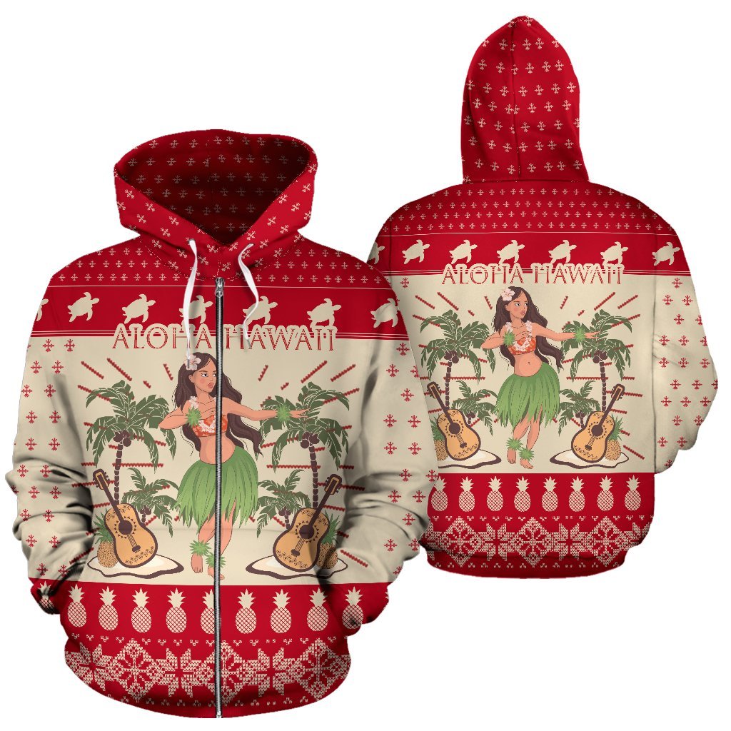 Hawaii Zip Hoodie Aloha Hawaii Dancing Girl Ukulele Pattern Unisex Red - Polynesian Pride