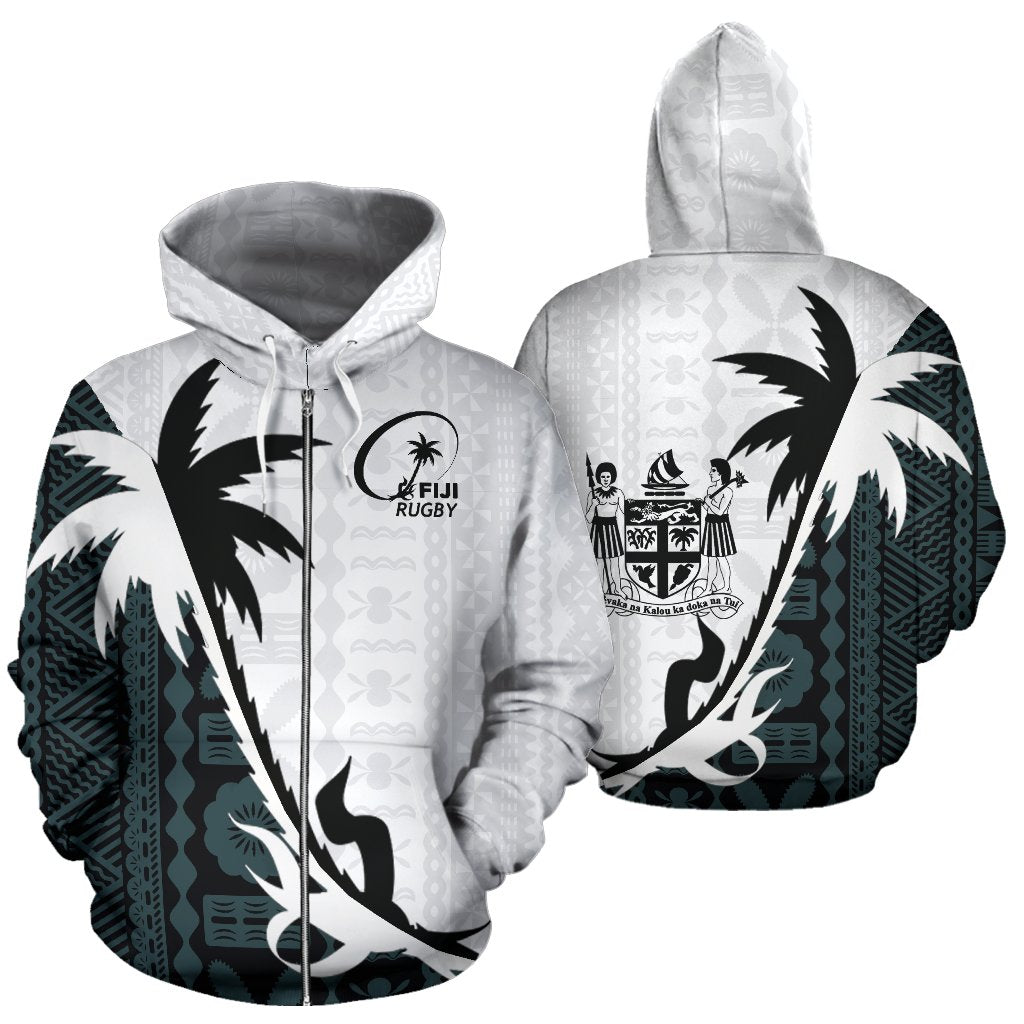 Fiji Rugby Tapa Zip up Hoodie Fiji Rugby Coat of Arms Coconut Tree Unisex White - Polynesian Pride