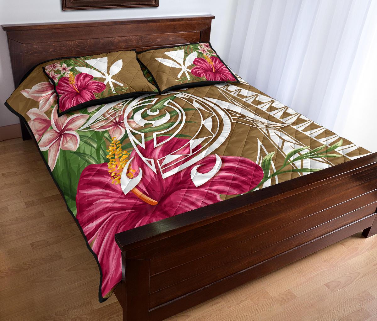 Hawaii Polynesian Turtle Tropical Hibiscus Plumeria Quilt Bed Set - Gold - Polynesian Pride
