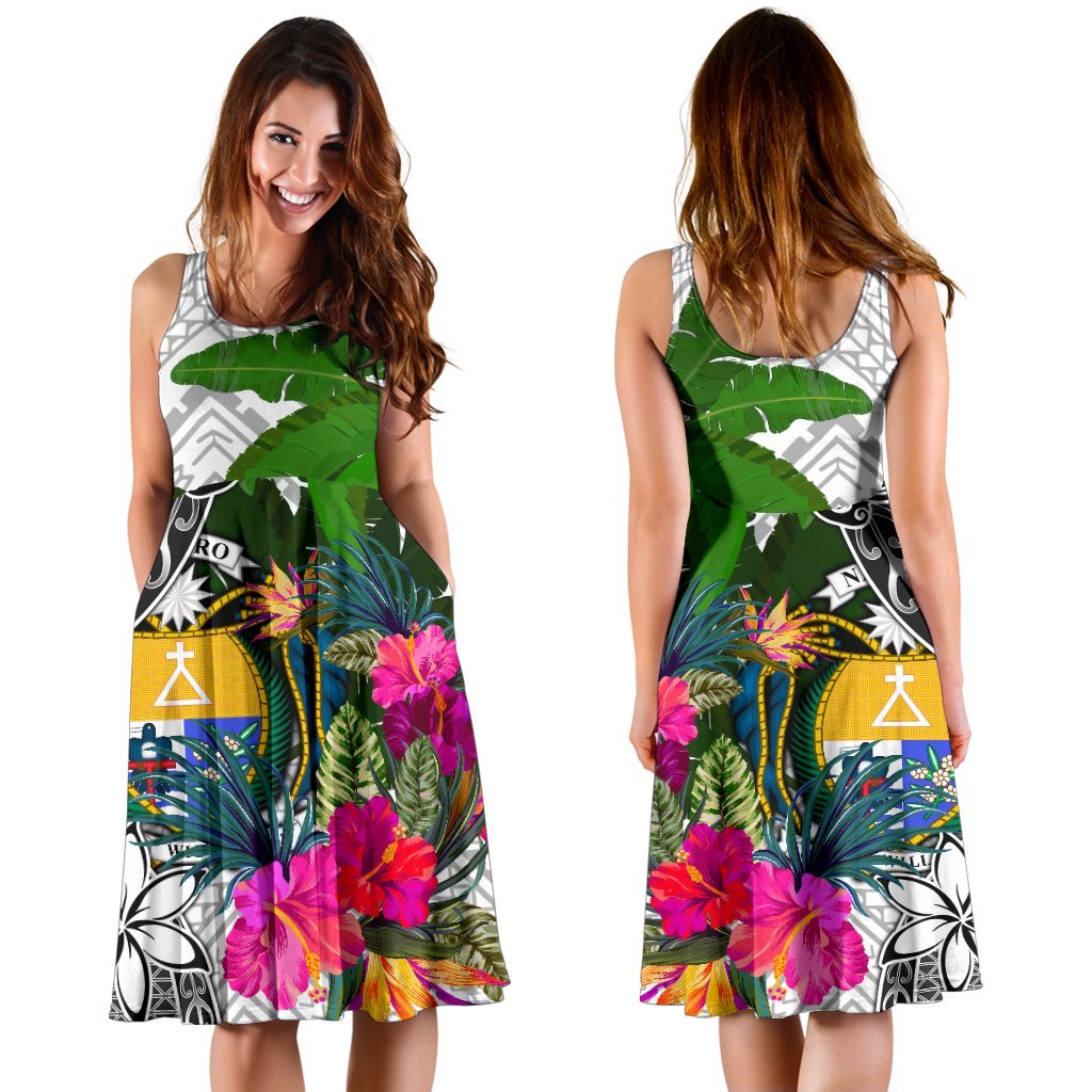 Nauru Midi Dress White - Turtle Plumeria Banana Leaf Crest - Polynesian Pride