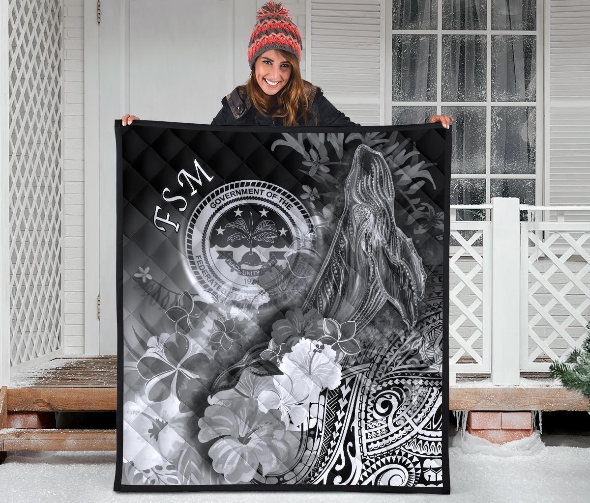 Federated States of Micronesia Premium Quilts - Humpback Whale with Tropical Flowers (White) - Polynesian Pride