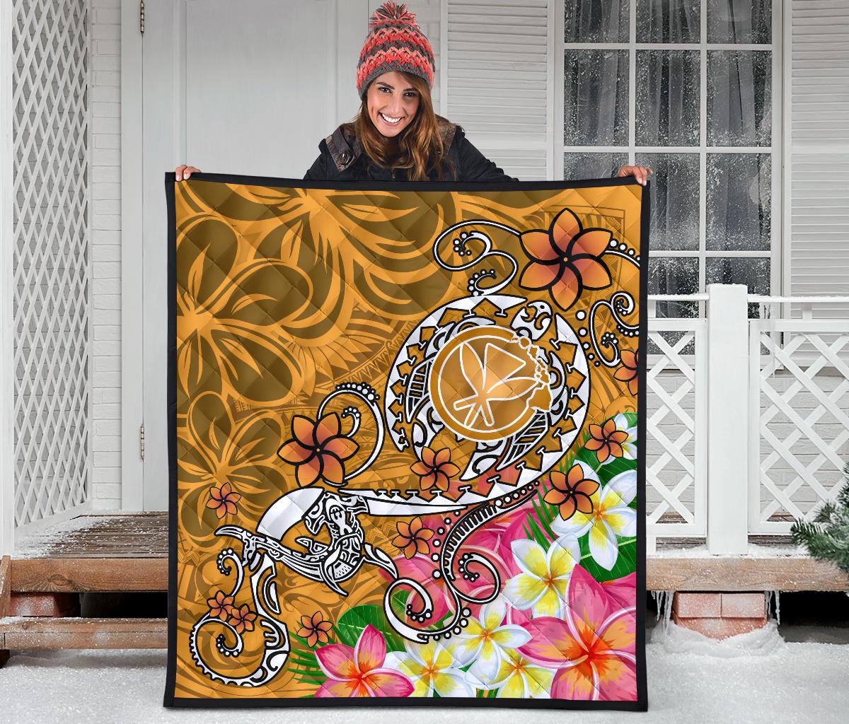 Hawaii Premium Quilt - Turtle Plumeria Polynesian Tattoo Gold Color - Polynesian Pride