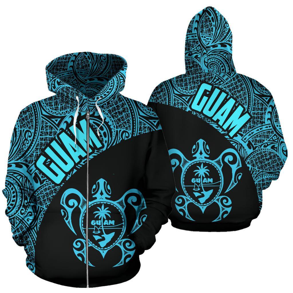 Guam Zip up Hoodie Guam Coat of Arm In Turtle Polynesian Tattoo Blue Unisex Blue - Polynesian Pride
