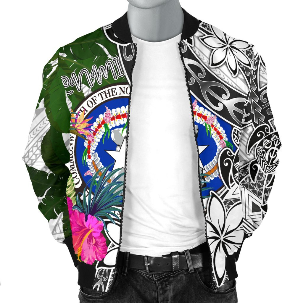 Northern Mariana Islands Men's Bomber Jacket White - Turtle Plumeria Banana Leaf - Polynesian Pride