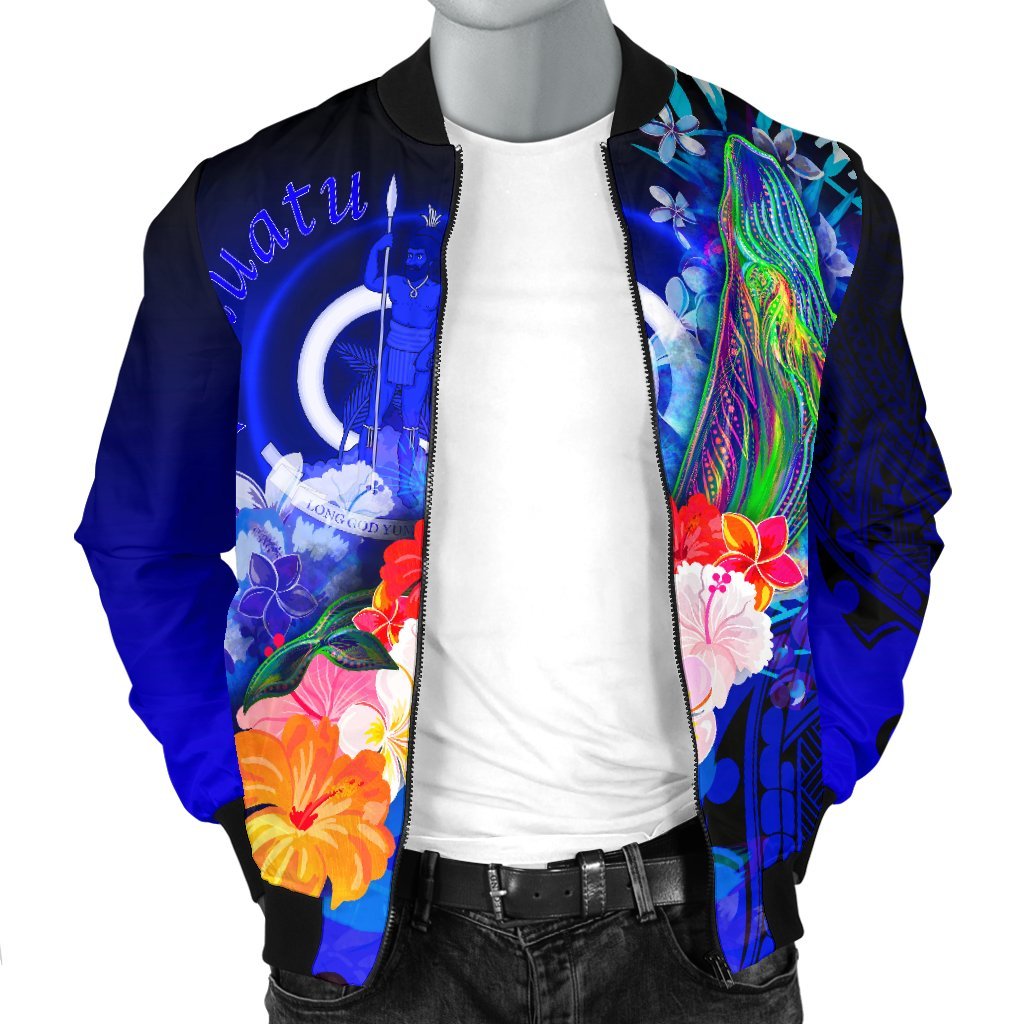 Vanuatu Men's Bomber Jacket - Humpback Whale with Tropical Flowers (Blue) - Polynesian Pride