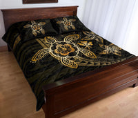 Kanaka Map Hibiscus Plumeria Turtle Art Gold Polynesian Quilt Bed Set - Polynesian Pride