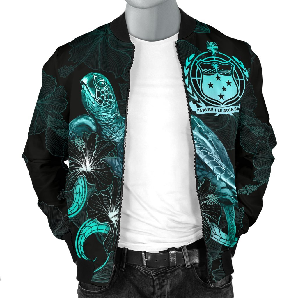 Samoa Polynesian Men's Bomber Jacket - Turtle With Blooming Hibiscus Turquoise - Polynesian Pride