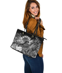 Cook Islands Leather Tote Bag - Humpback Whale with Tropical Flowers (White) - Polynesian Pride