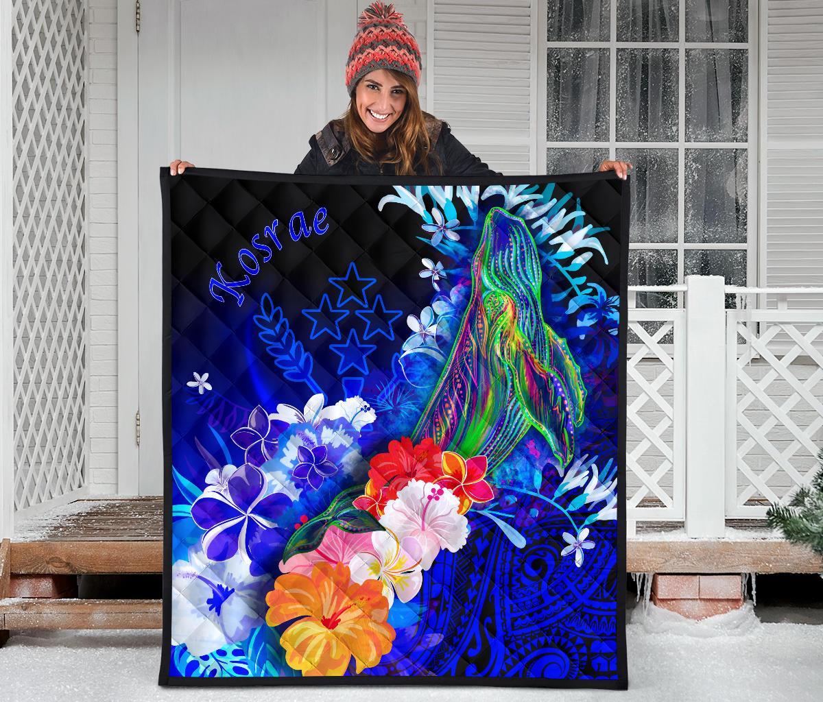 Kosrae Premium Quilt - Humpback Whale with Tropical Flowers (Blue) - Polynesian Pride