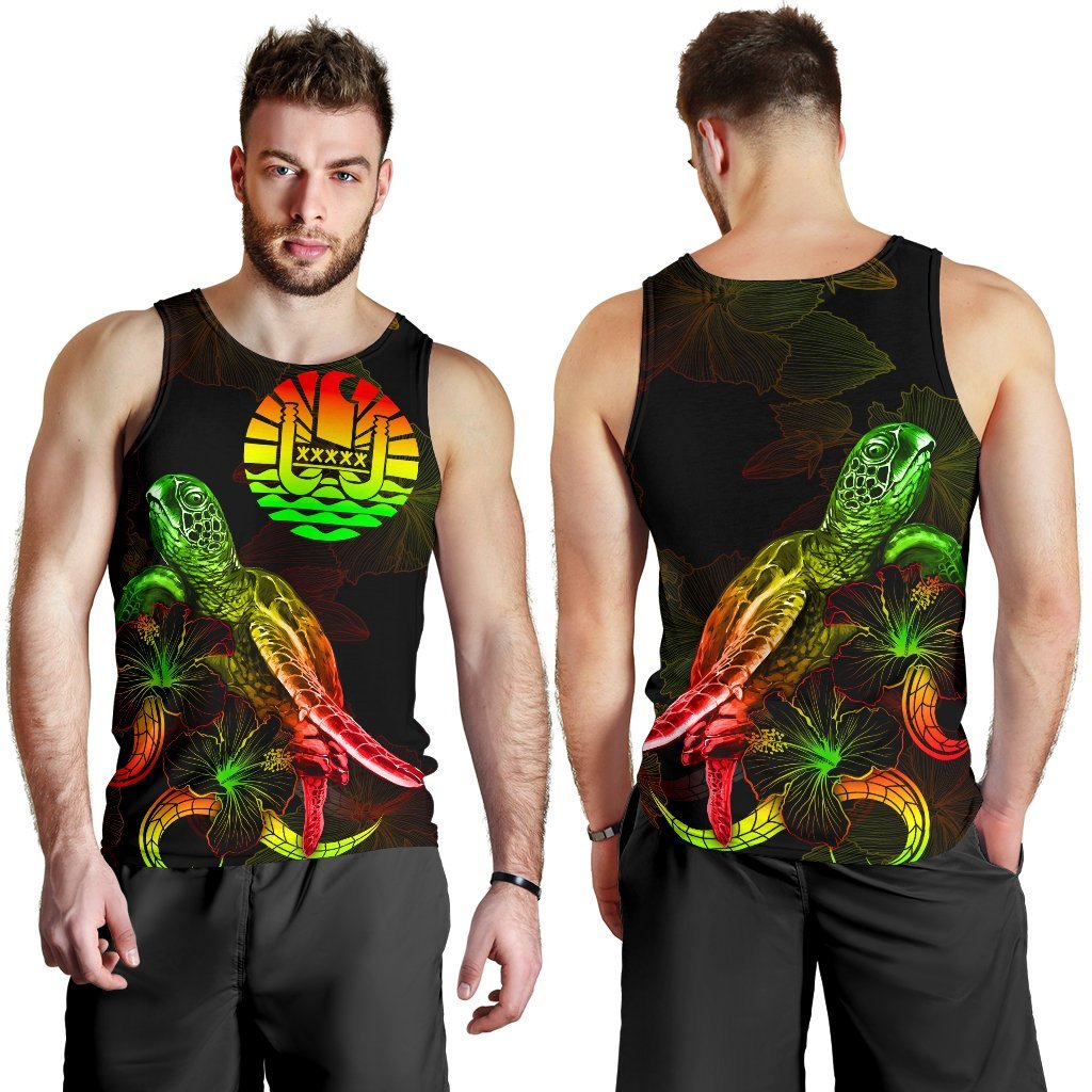 Tahiti Polynesian Men Tank Top - Turtle With Blooming Hibiscus Reggae - Polynesian Pride