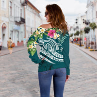 The Philippines Women's Off Shoulder Sweater - Summer Plumeria (Turquoise) - Polynesian Pride