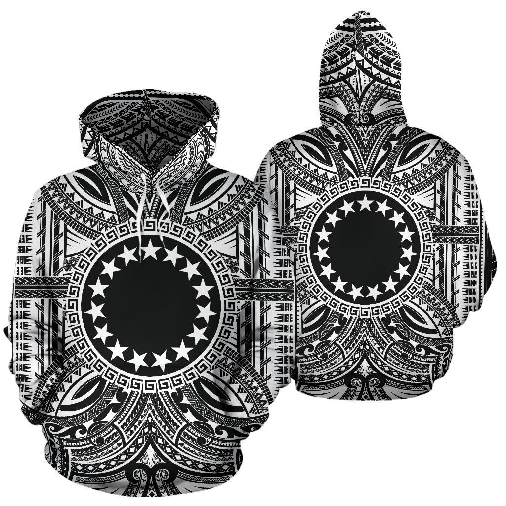 Cook Islands ll Over Hoodie Cook Islands Coat of rms Polynesian White Black - Polynesian Pride
