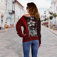 Kosrae Micronesia Women Off Shoulder Sweater Red - Turtle With Hook - Polynesian Pride