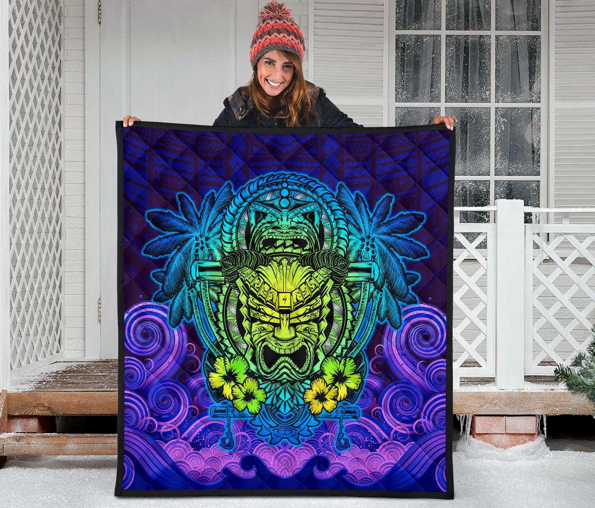 Hawaii Polynesian Premium Quilt - Hawaiian Green Yellow Tiki Face (Purple) - Polynesian Pride