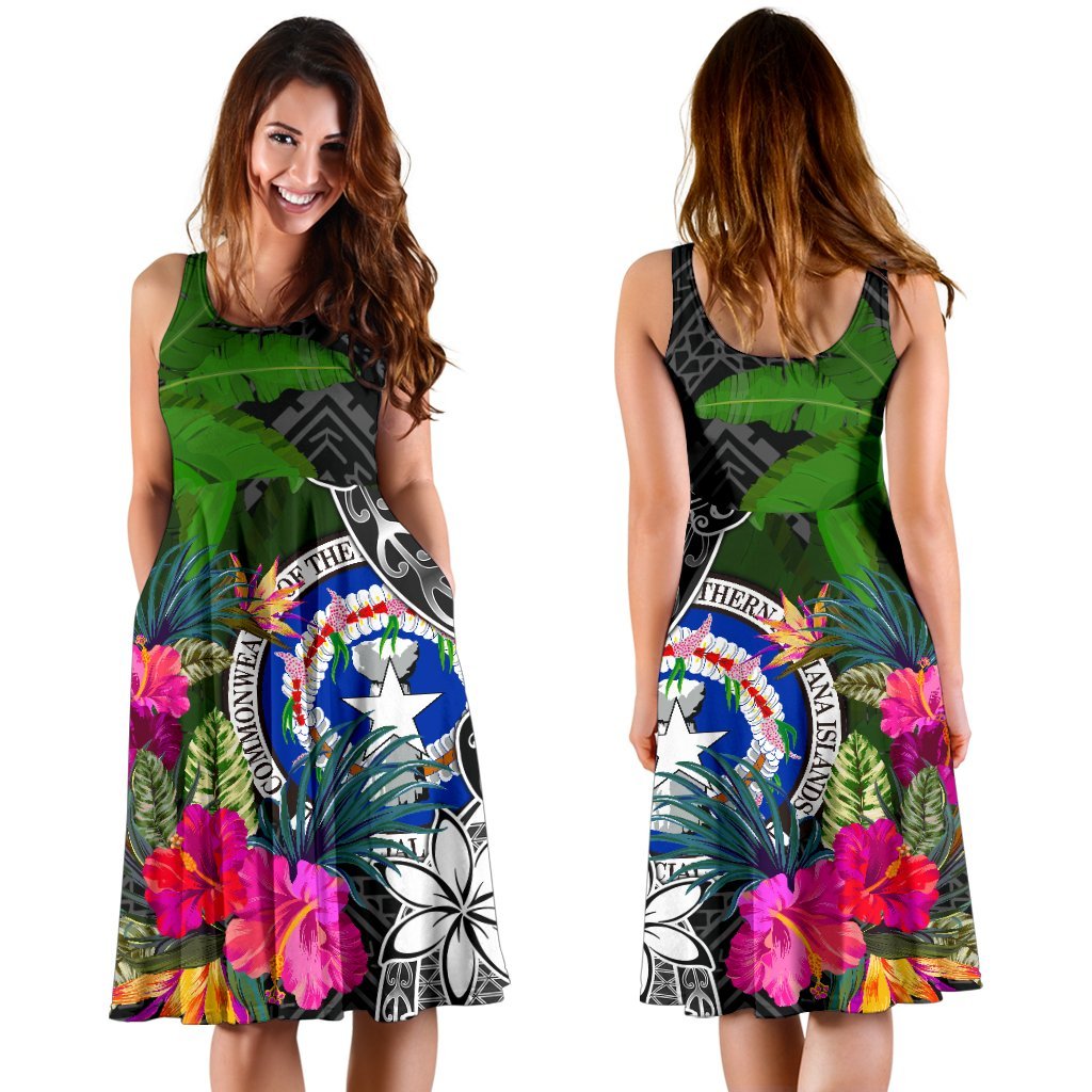 Northern Mariana Islands Midi Dress - Turtle Plumeria Banana Leaf - Polynesian Pride