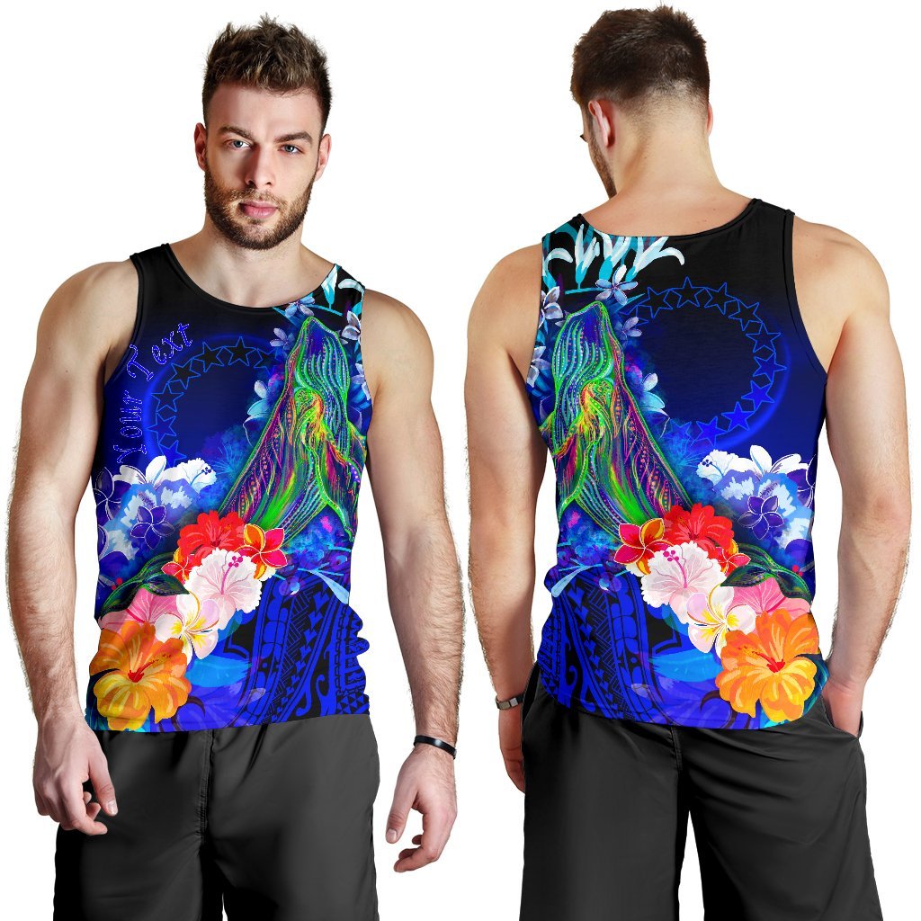 Cook Islands Custom Personalised Men's Tank Top - Humpback Whale with Tropical Flowers (Blue) - Polynesian Pride
