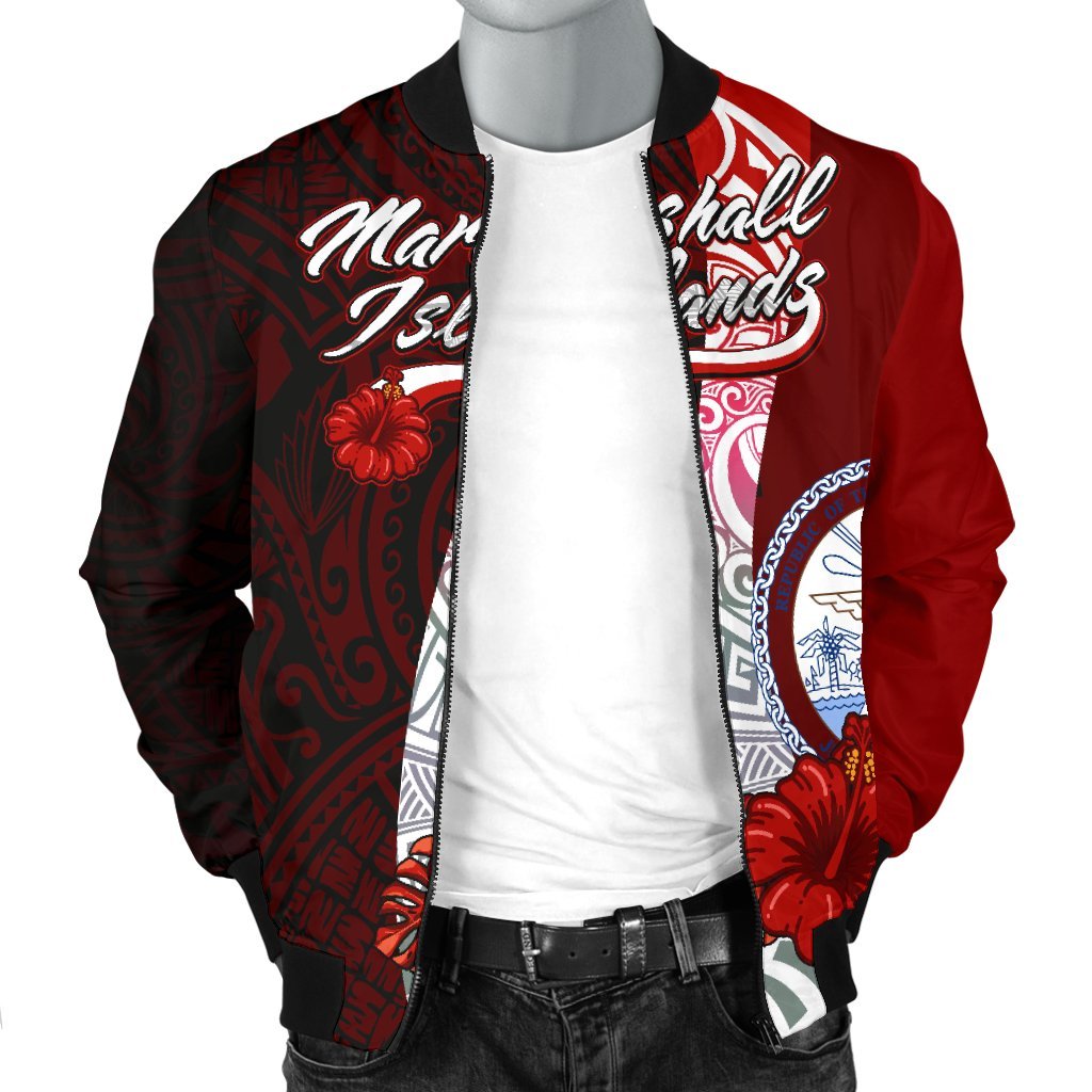 Marshall Islands Polynesian Men's Bomber Jacket - Coat Of Arm With Hibiscus - Polynesian Pride