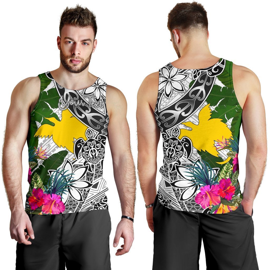 Papua New Guinea Custom Personalised Men's Tank Top White - Turtle Plumeria Banana Leaf - Polynesian Pride