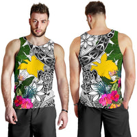 Papua New Guinea Custom Personalised Men's Tank Top White - Turtle Plumeria Banana Leaf - Polynesian Pride