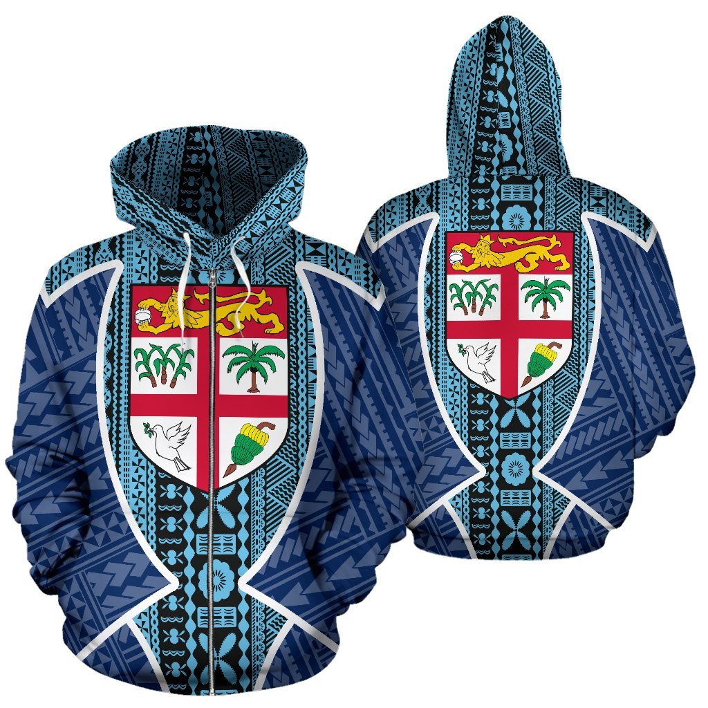 Fiji Tapa Zip Hoodie Fiji Flag Sport Style Unisex Blue - Polynesian Pride