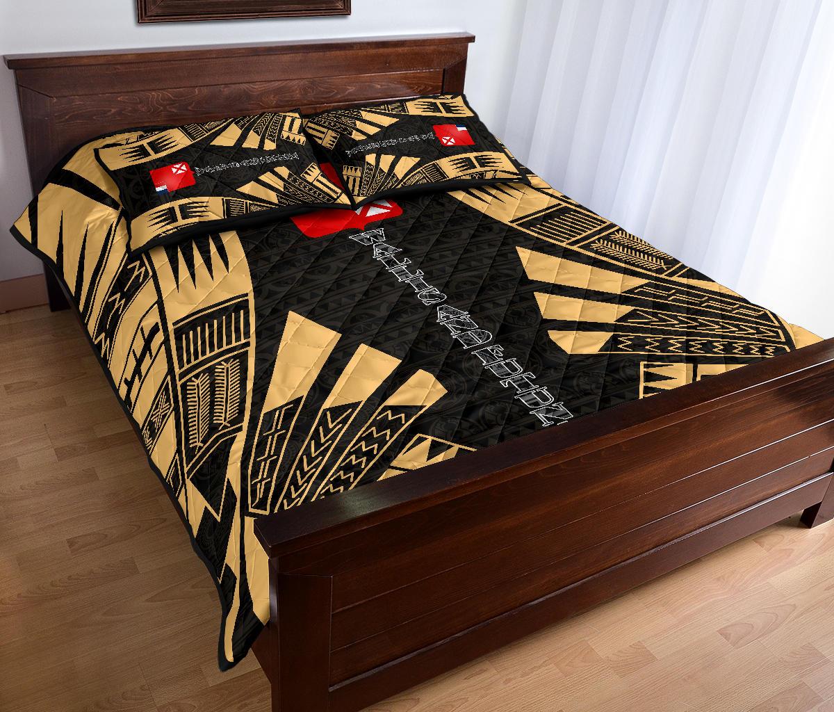 Wallis and Futuna Quilt Bed Set - Wallis and Futuna Coat Of Arms & Polynesian Yellow Tattoo Style - Polynesian Pride