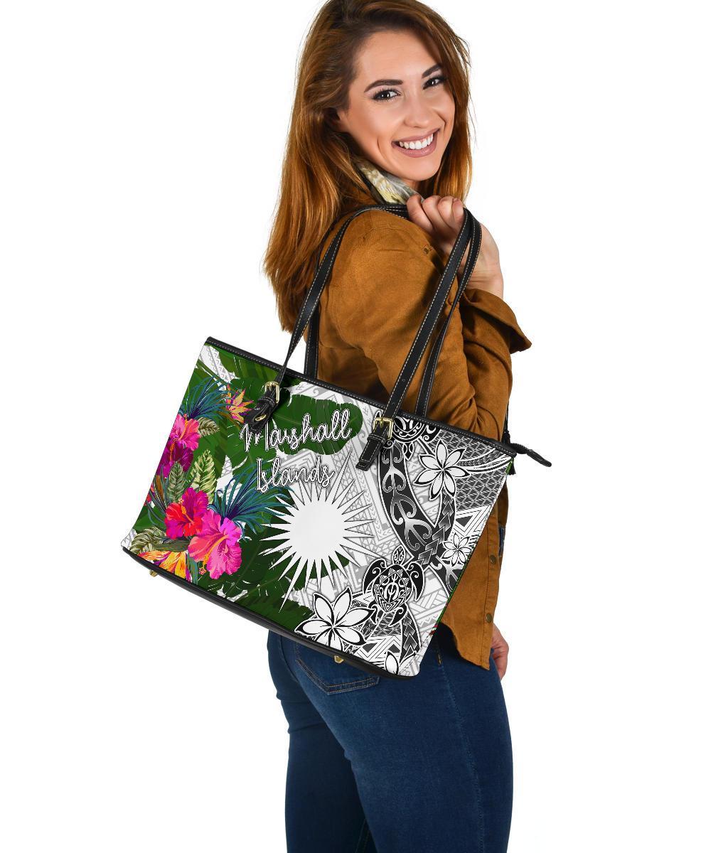 Marshall Islands Large Leather Tote Bag White - Turtle Plumeria Banana Leaf - Polynesian Pride