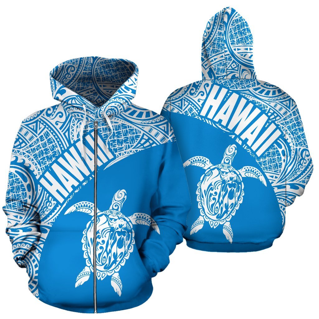Hawaii Zip up Hoodie Hawaii Turtle Mermaid Polynesian Tattoo 02 Unisex Blue And White - Polynesian Pride