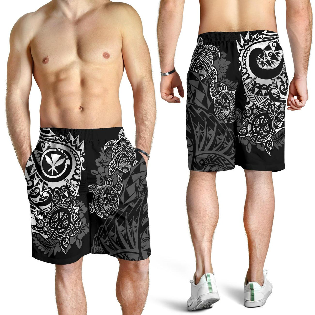 Polynesian Hawaii (Kanaka Maoli) Men's Short - White Turtle Hibiscus Flowing - Polynesian Pride