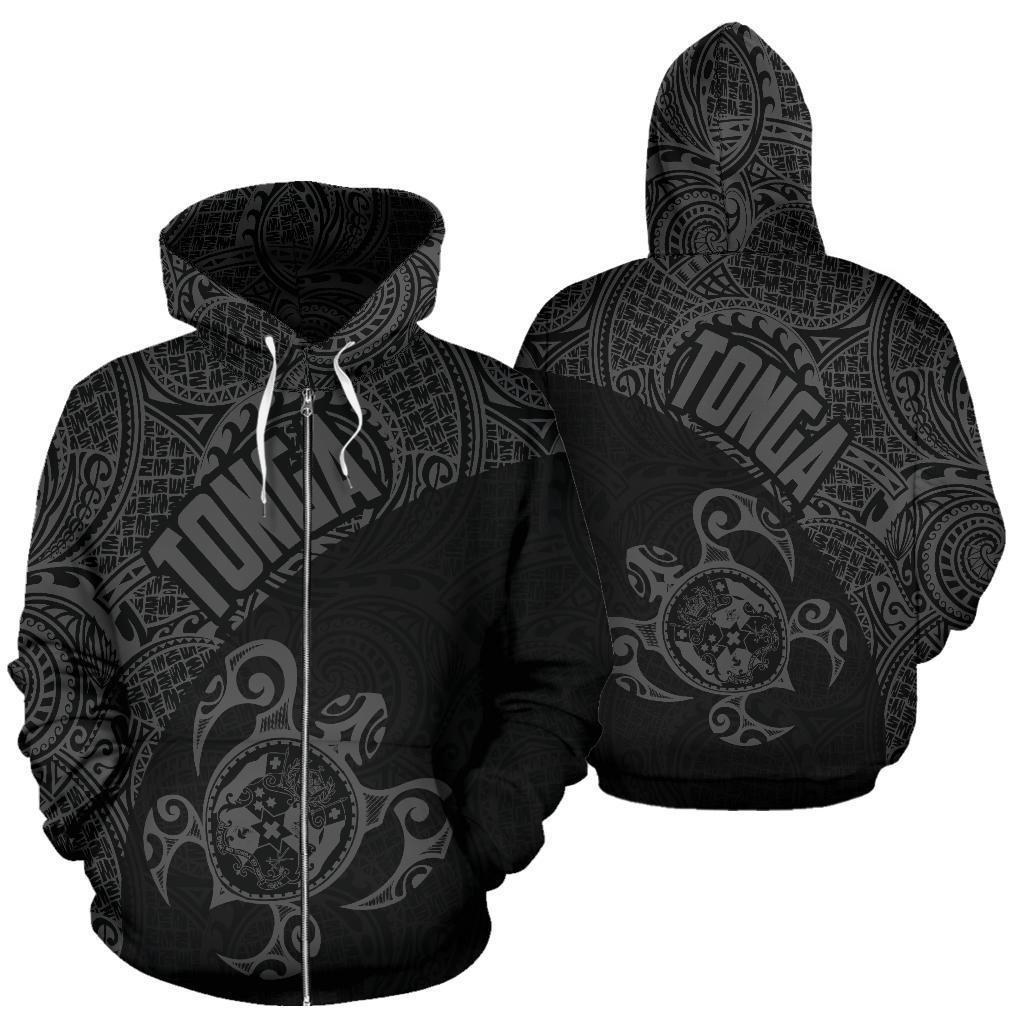 Tonga Zip up Hoodie Tonga Coat of Arms In Turtle Polynesian Tattoo 110 Unisex Black - Polynesian Pride