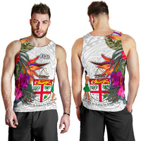 Fiji Polynesian Men's Tank Top - Hibiscus White Pattern White - Polynesian Pride