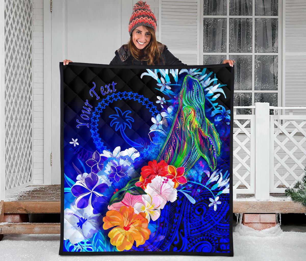 Custom Personalised Chuuk Premium Quilt - Humpback Whale with Tropical Flowers (Blue) - Polynesian Pride