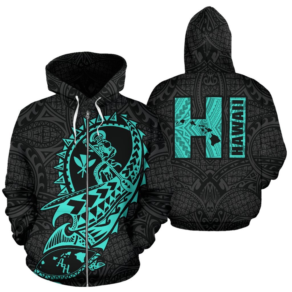 Polynesian Suffer Kanaka Warrior Hawaii Zip Hoodie Turquoise Unisex Turquoise - Polynesian Pride