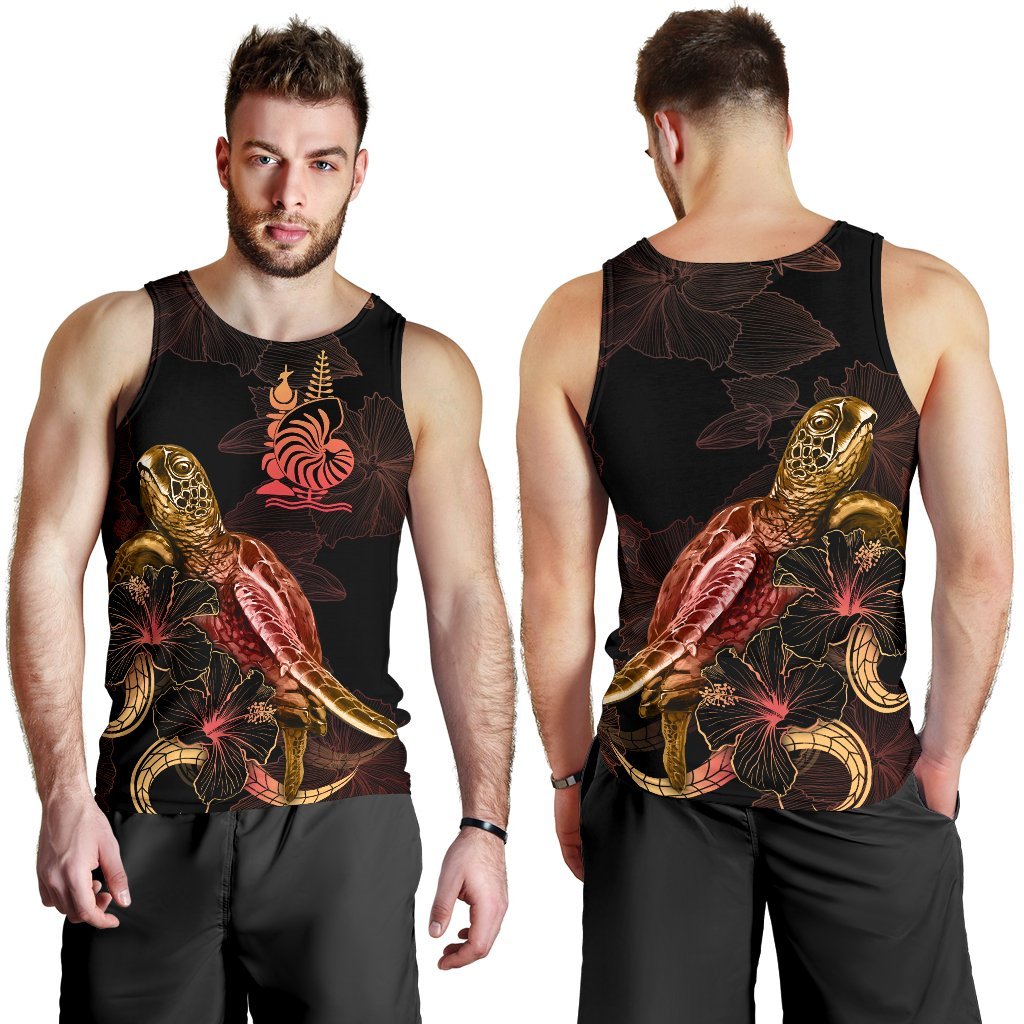 New Caledonia Men Tank Top - Turtle With Blooming Hibiscus Gold - Polynesian Pride