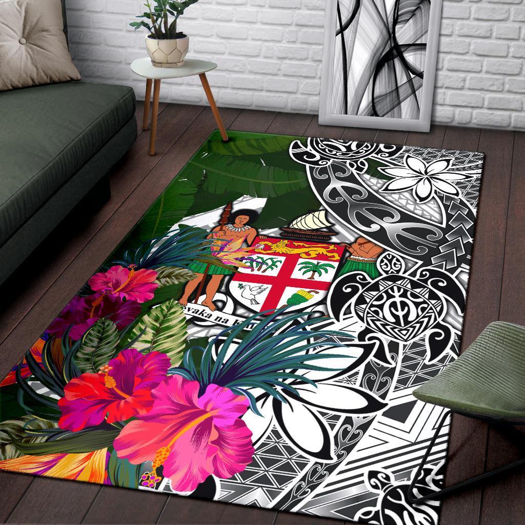 Fiji Area Rug White - Turtle Plumeria Banana Leaf Crest White - Polynesian Pride
