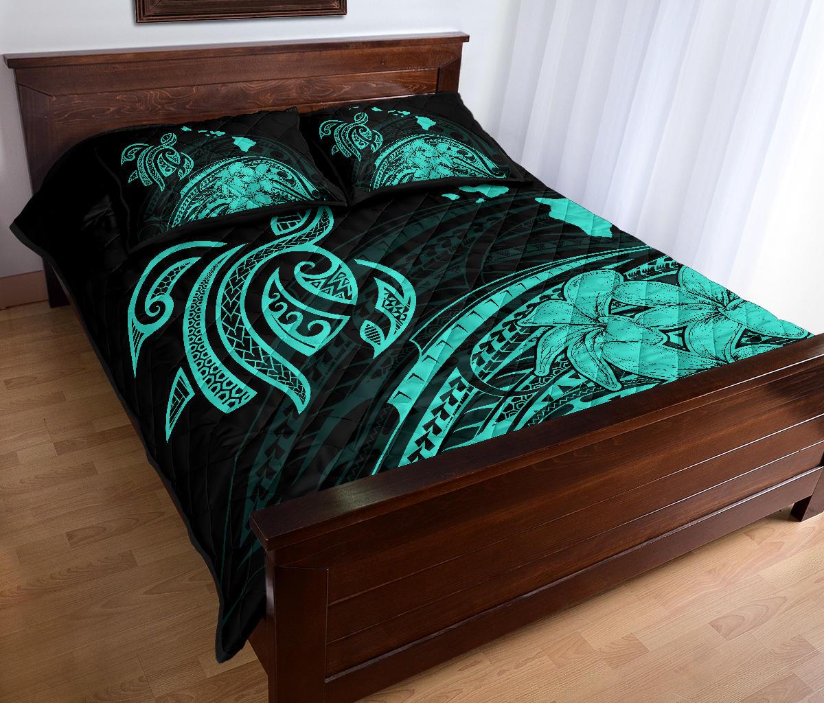 Hawaii Quilt Bed Set - Turtle Polynesian Map Plumeria Turquoise - Polynesian Pride