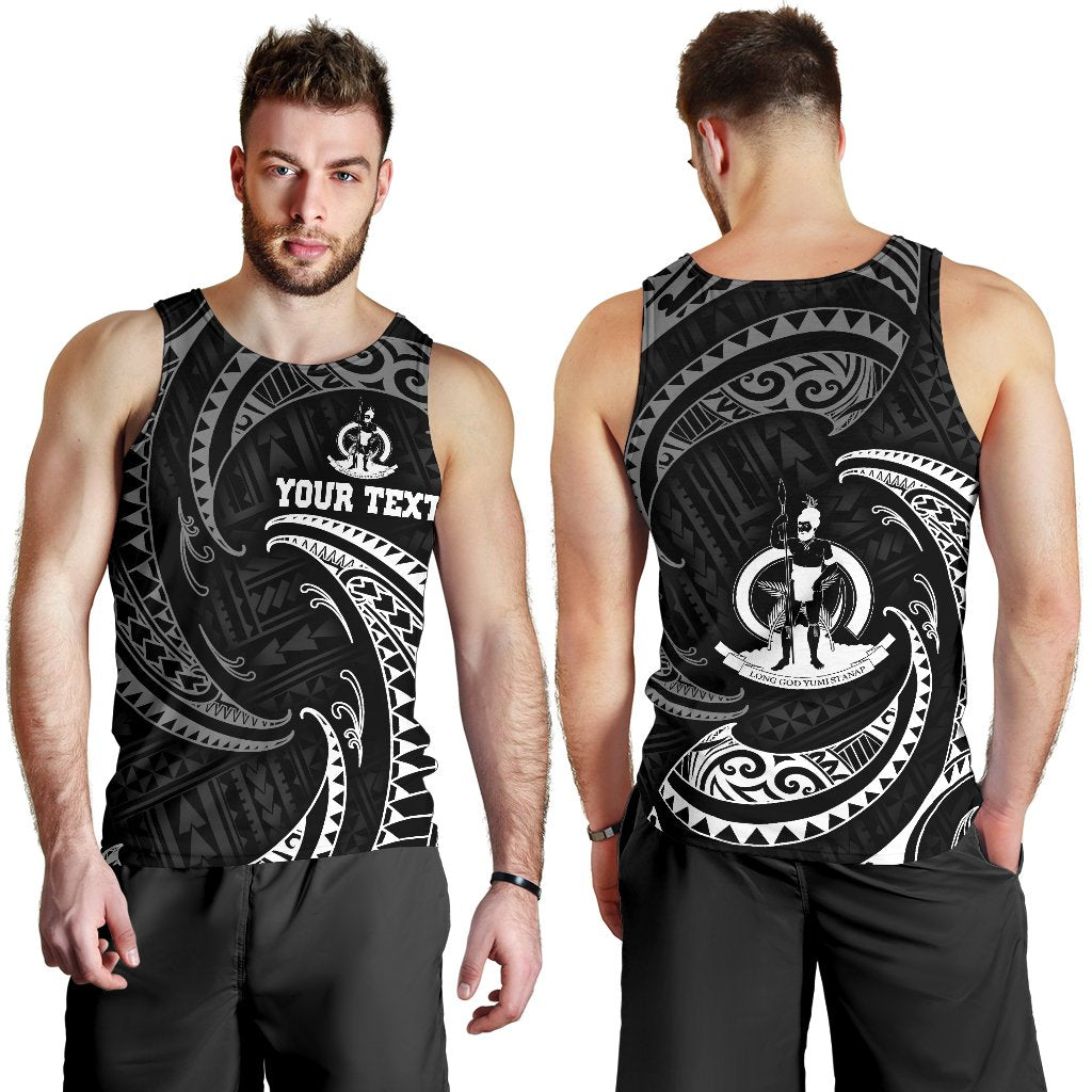 Vanuatu Polynesian Custom Personalised Men's Tank Top - White Tribal Wave Black - Polynesian Pride