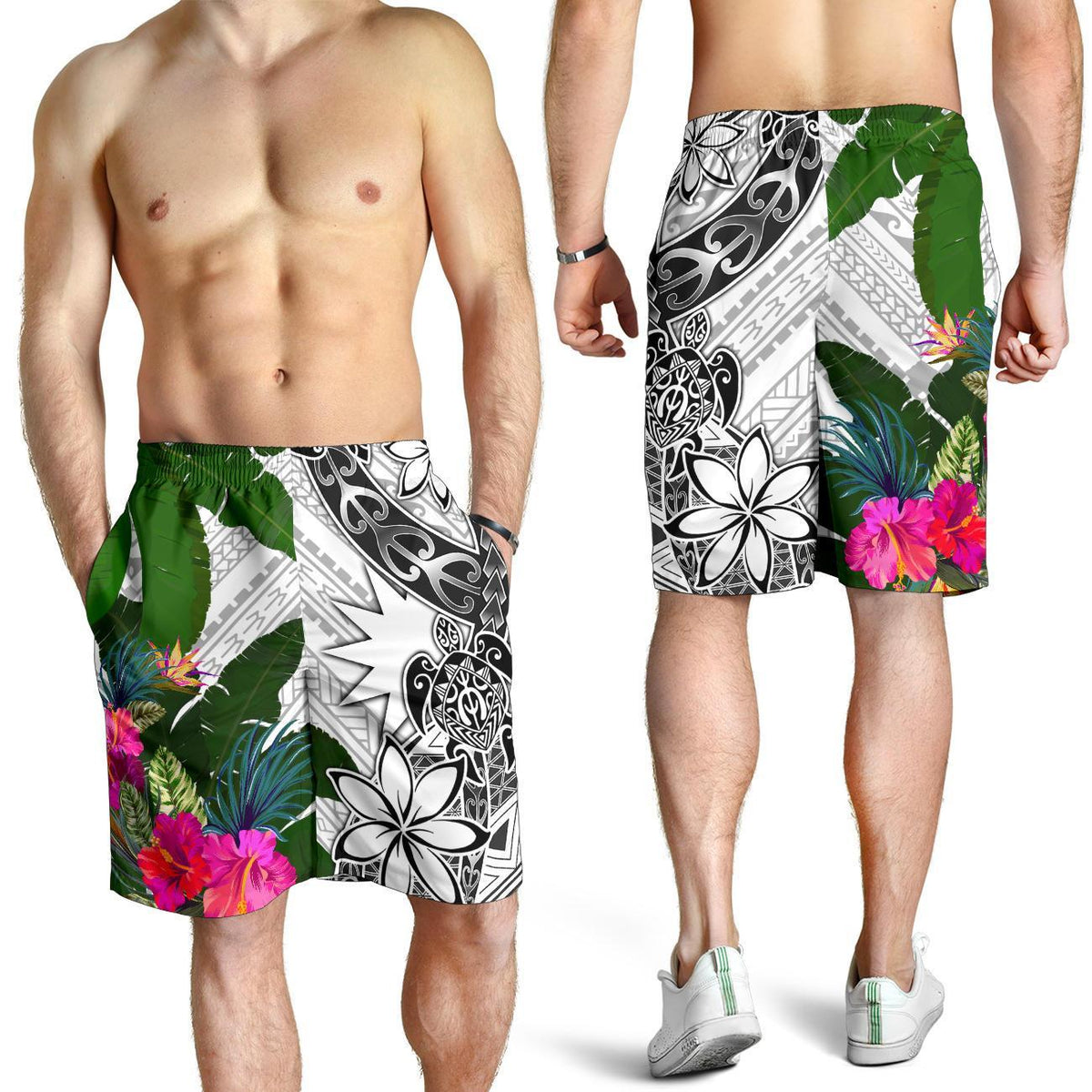 Nauru Men's Short White - Turtle Plumeria Banana Leaf - Polynesian Pride