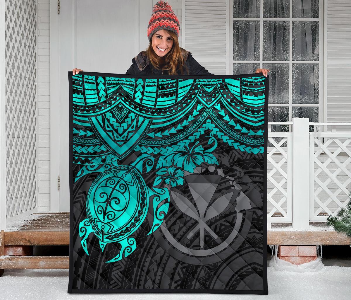 Hawaii Polynesian Premium Quilt - Kanaka Maoli & Turquoise Turtle Hibiscus - Polynesian Pride