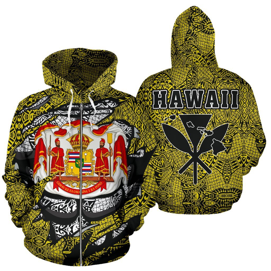 Polynesian Kanaka Maoli Royal Coat of Arms Hawaii Zip Hoodie Yellow Unisex Yellow - Polynesian Pride