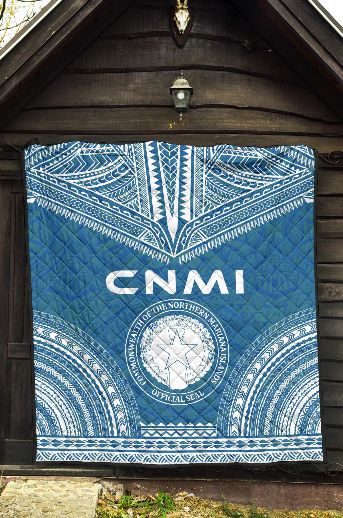 Northern Mariana Islands Premium Quilt - CNMI Seal Polynesian Chief Light Blue Version - Polynesian Pride
